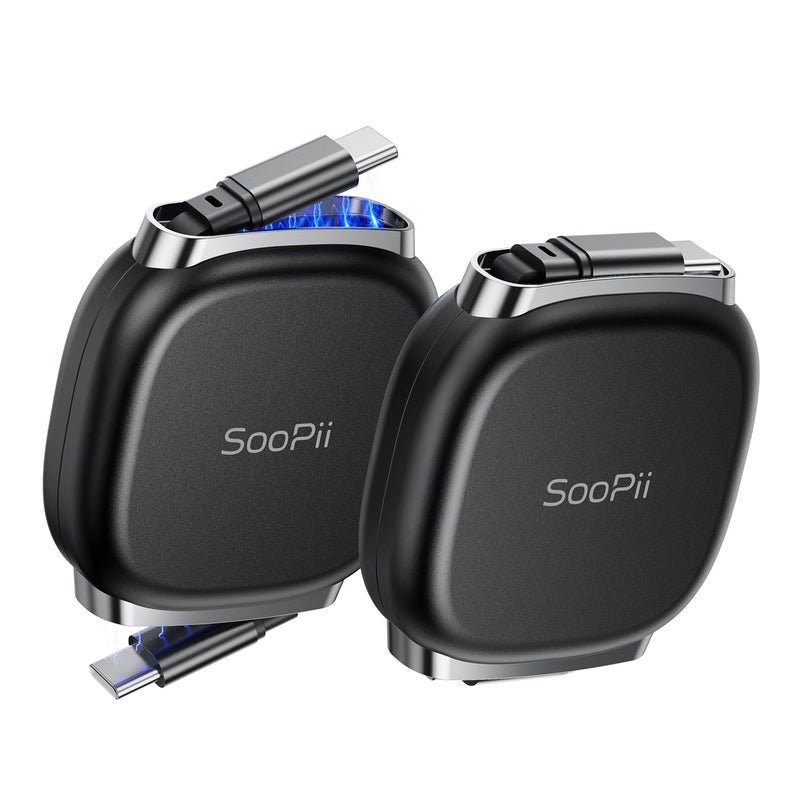 كابل SOOPII USB C إلى USB C، كابل شحن سريع USB C بقوة 240 واط قابل للسحب مع تخزين مغناطيسي، كابل Type C مع إعداد طول مسبق من 5 مراحل لـ iPhone 16/15 Pro Max، Galaxy S25/24 أسود (عبوة من قطعتين 3.3 قدم) - Image 1
