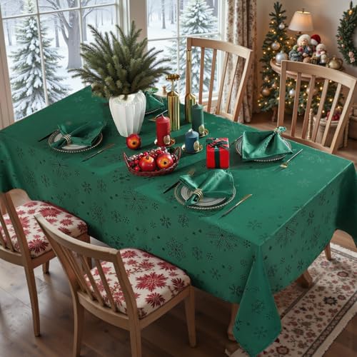 MATIRUG Christmas Table Cloth for Rectangle Tables 52x70 Inch,Spillproof Wrinkle Free Green Snowflake Jacquard Fabric Tablecloth for Xmas Winter Holiday New Year - Image 3