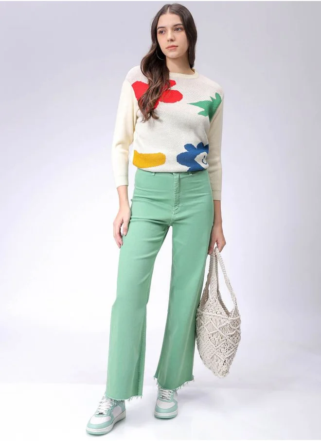 Freehand Women Loose Fit Floral Print Long Sweater