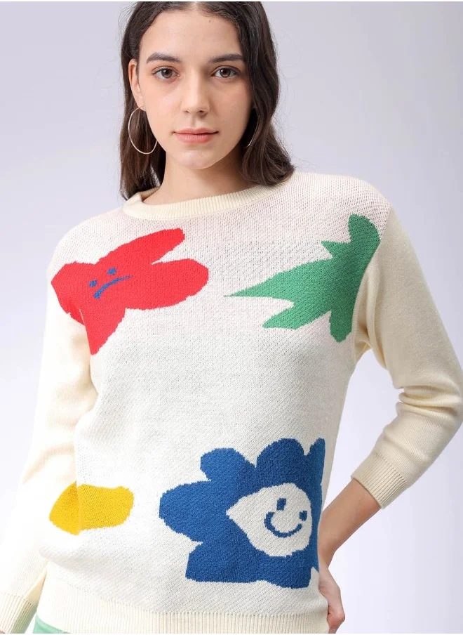 مرفوعة Women Relaxed White Printed Round Neck Long Sleeve Sweater