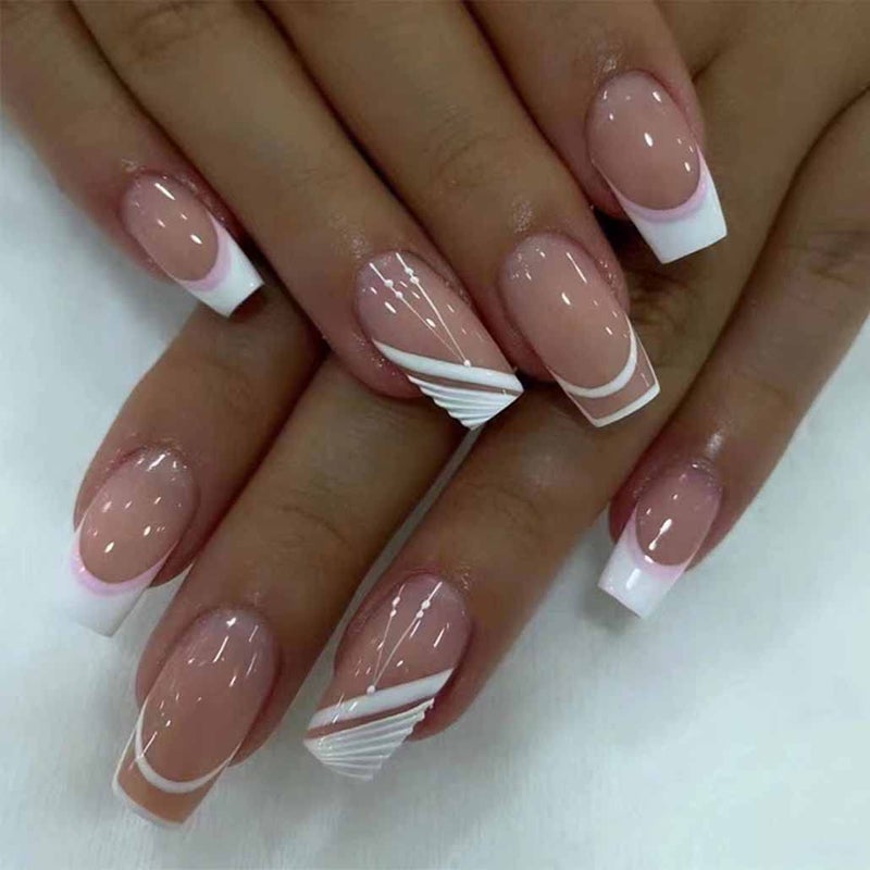 Foccna Pink French Press on Nails Medium, White Fake Nails Square Acrylic False Pink Nails,French Artificial Nails for Women and Girls,24 pcs - Image 1