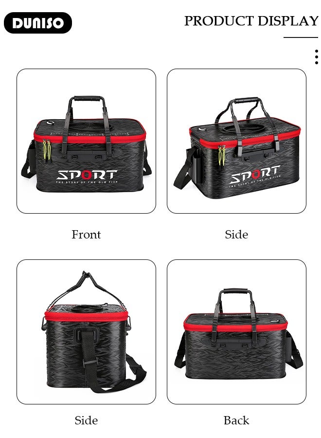 DUNISO Portable Fishing Bucket with Side Pockets and Adjustable Shoulder Strap, Foldable Fishing Bait Bucket with Double Zipper and Handle, Outdoor Camping Eva Fishing Bag and Fish Protection Bucket, Multifunctional Live Fish Container for Storing Live Fish and Fresh Fish Bait - Image 3