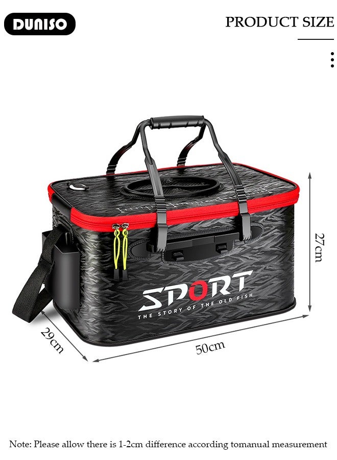 DUNISO Portable Fishing Bucket with Side Pockets and Adjustable Shoulder Strap, Foldable Fishing Bait Bucket with Double Zipper and Handle, Outdoor Camping Eva Fishing Bag and Fish Protection Bucket, Multifunctional Live Fish Container for Storing Live Fish and Fresh Fish Bait - Image 2