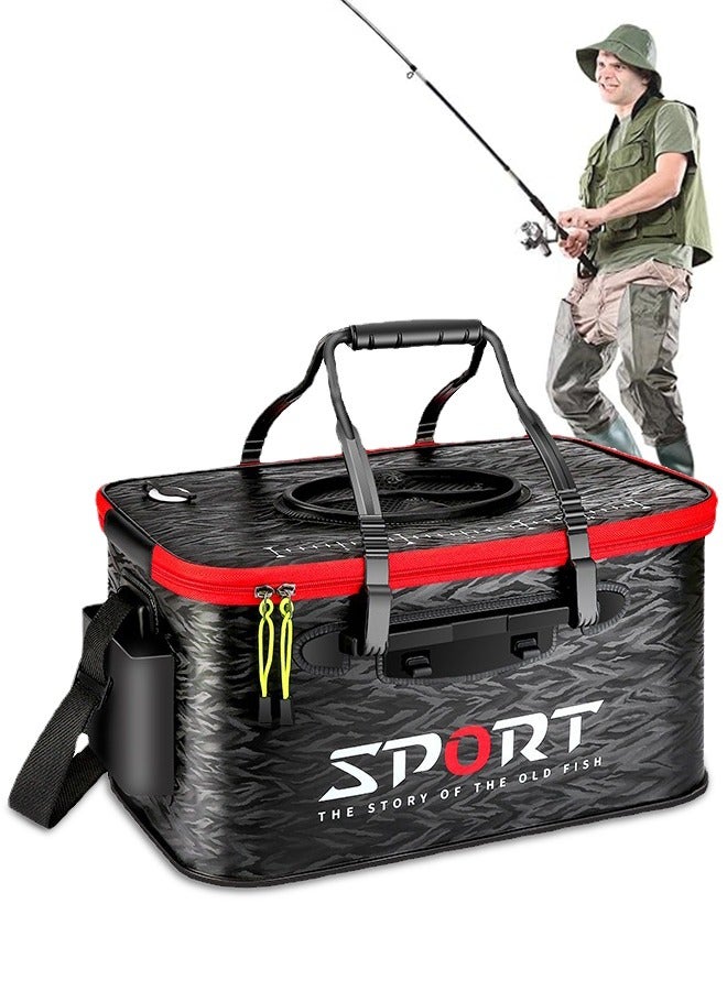 DUNISO Portable Fishing Bucket with Side Pockets and Adjustable Shoulder Strap, Foldable Fishing Bait Bucket with Double Zipper and Handle, Outdoor Camping Eva Fishing Bag and Fish Protection Bucket, Multifunctional Live Fish Container for Storing Live Fish and Fresh Fish Bait - Image 1