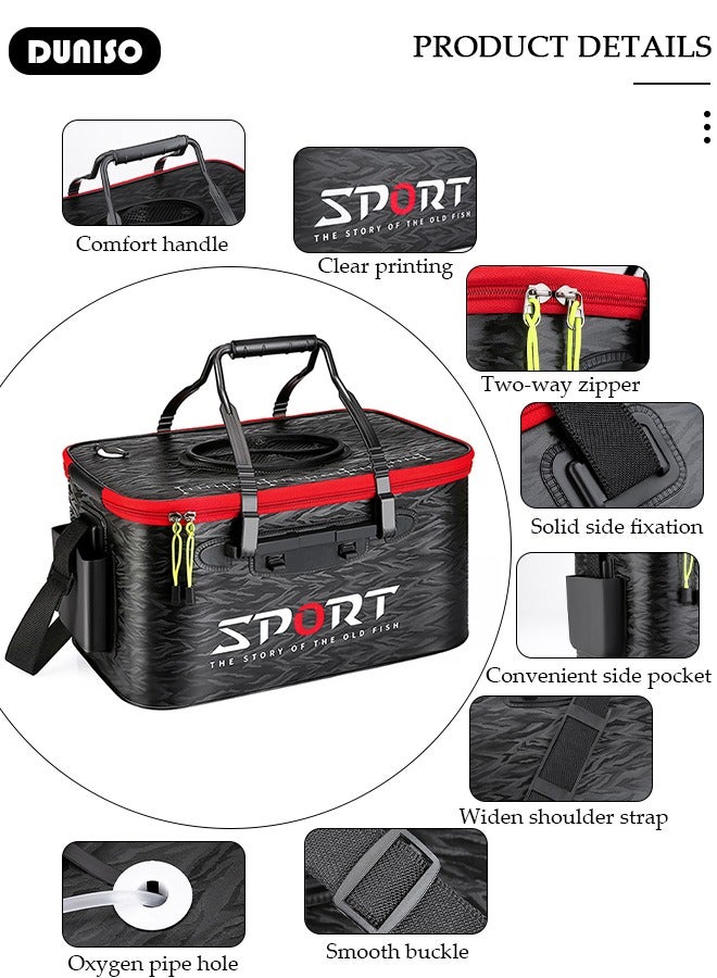 DUNISO Portable Fishing Bucket with Side Pockets and Adjustable Shoulder Strap, Foldable Fishing Bait Bucket with Double Zipper and Handle, Outdoor Camping Eva Fishing Bag and Fish Protection Bucket, Multifunctional Live Fish Container for Storing Live Fish and Fresh Fish Bait - Image 4