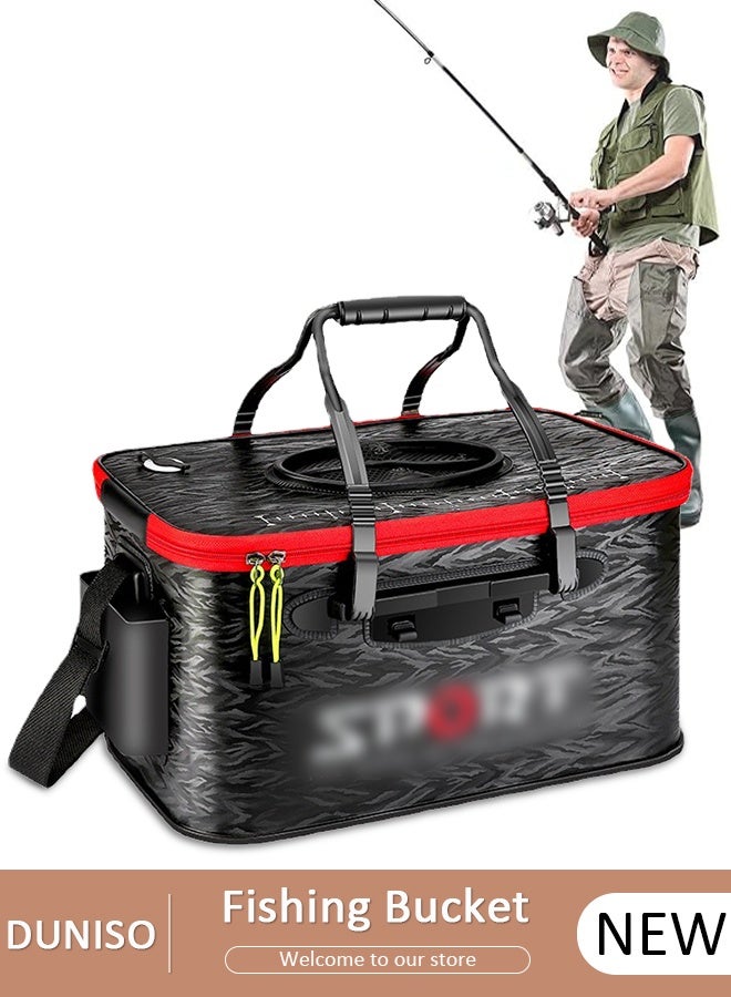 DUNISO Portable Fishing Bucket with Side Pockets and Adjustable Shoulder Strap, Foldable Fishing Bait Bucket with Double Zipper and Handle, Outdoor Camping Eva Fishing Bag and Fish Protection Bucket, Multifunctional Live Fish Container for Storing Live Fish and Fresh Fish Bait - Image 1