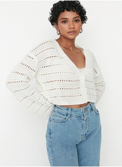 Ecru Crop Openwork/Perforated V-Neck TWOAW23HI00203