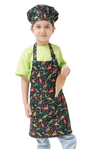 ALIPOBO Kids Apron and Chef Hat Set, Children's Kitchen Cooking Aprons with 2 Pockets for Boys Girls Toddler Painting Baking (Dinosaur Black, 6-12 Years) - Image 4