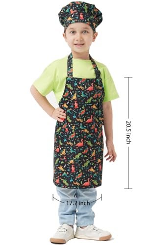 ALIPOBO Kids Apron and Chef Hat Set, Children's Kitchen Cooking Aprons with 2 Pockets for Boys Girls Toddler Painting Baking (Dinosaur Black, 6-12 Years) - Image 2