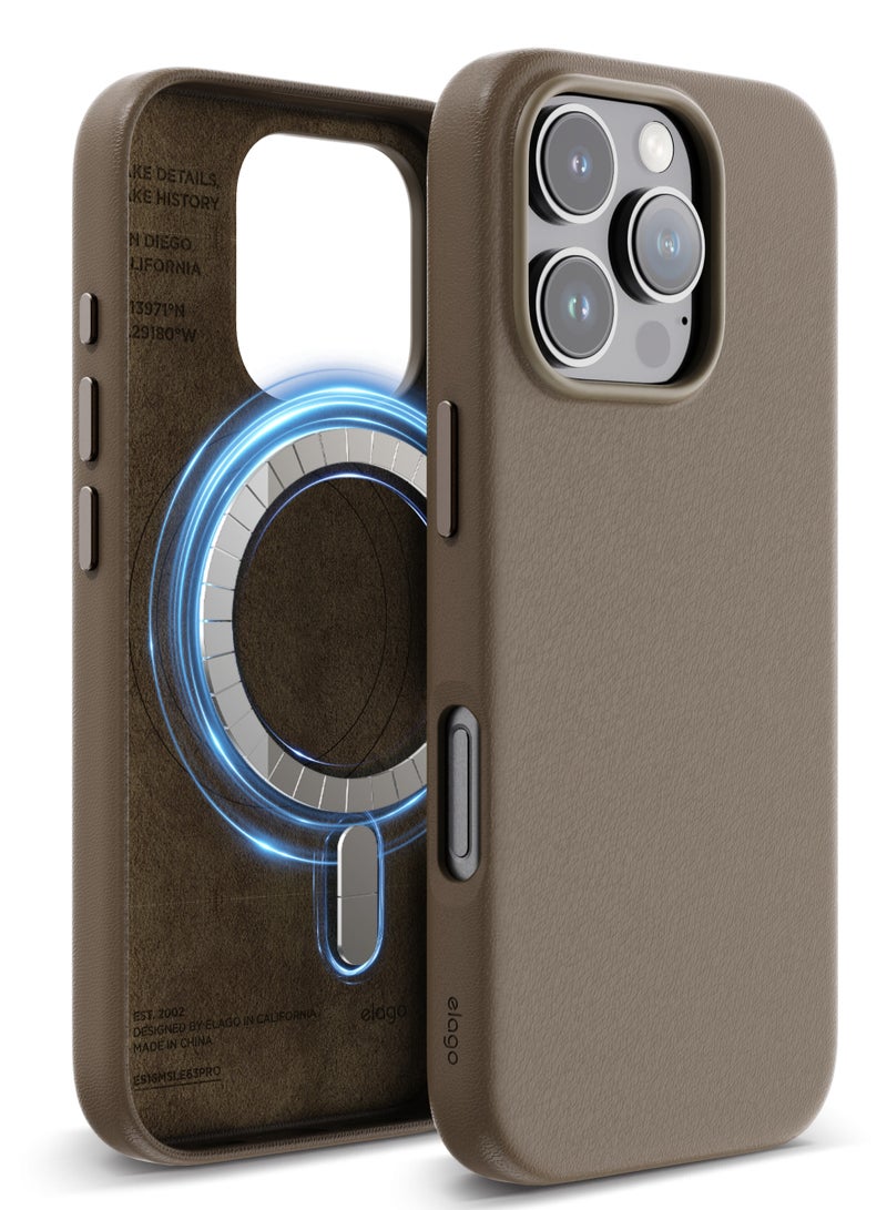 Elago Magnetic Leather Case for iPhone 16 PRO Compatible with MagSafe, Vegan Leather, Shockproof, Water-Resistant - Taupe