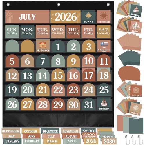 Sinload Classroom Calendar Pocket Chart Set Calendar Bulletin Board Set Seasons Festival Weather Pocket Chart for Classroom Decoration Back to School Supplies(Cool,Black White) - Image 1