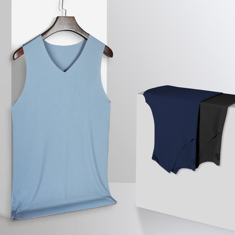 Mens Ice Silk Traceless Vest Wear Summer Thin Solid Color Base plus size Wide Shoulder Fitness Quick-drying Sweater for Boys Black  - Image 4