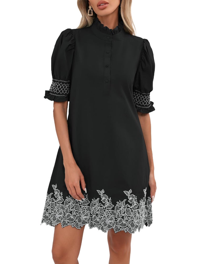 YEXPINE Women's Summer Embroidered Mini Dress Short Puff Sleeve Ruffle Collar Button Front Shift Dress Black - Image 1