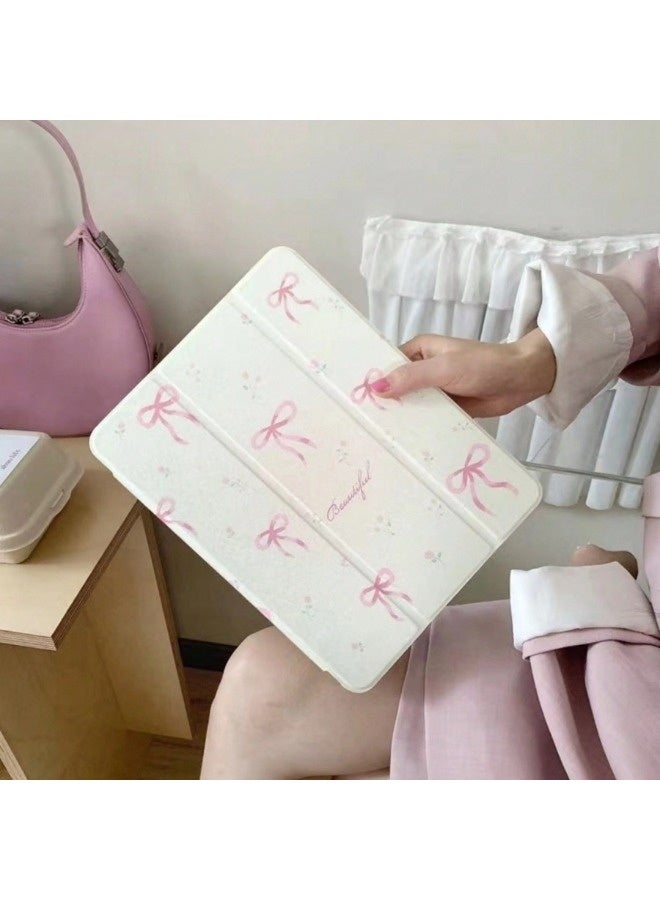 ShebSheb Adjustable Kickstand Mirror Leather Hard Folio Case for iPad Air 7th/6th (M3/M2) 11 Inch Cream White Color Pink Bow Ribbon Beautiful Floral Cute Chic Adorable Lovely Girls Kids  - Image 1