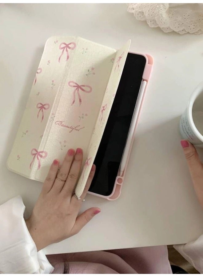 ShebSheb Adjustable Kickstand Mirror Leather Hard Folio Case for iPad Air 7th/6th (M3/M2) 11 Inch Cream White Color Pink Bow Ribbon Beautiful Floral Cute Chic Adorable Lovely Girls Kids  - Image 5