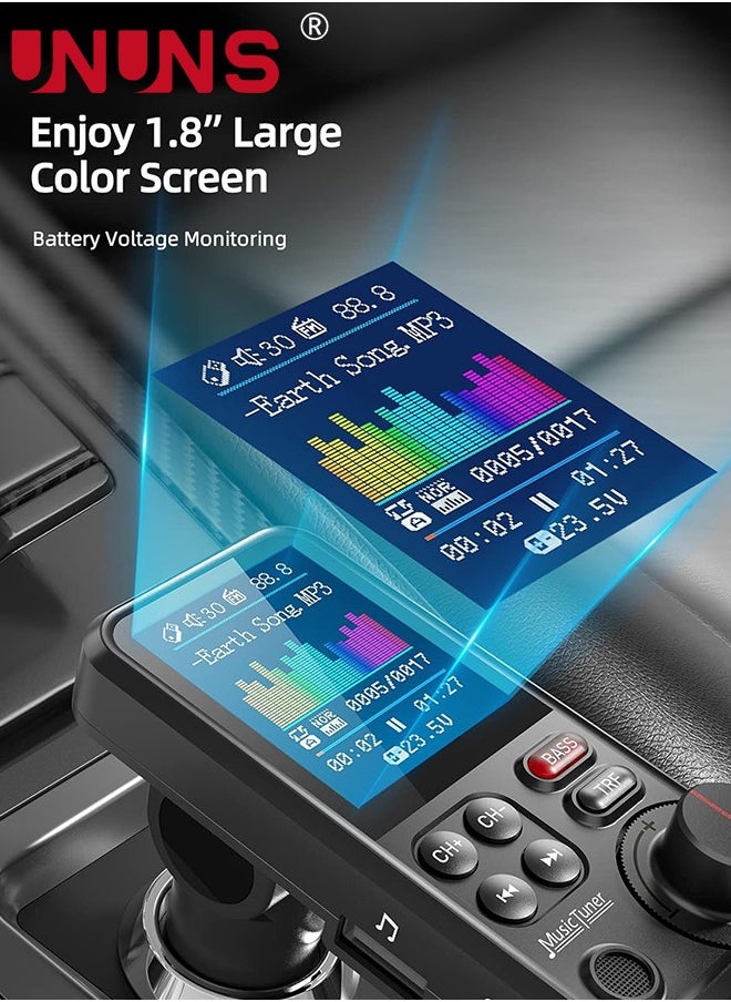 UNUNS FM Bluetooth Transmitter for Car, Bluetooth 5.0 Car Adapter with 1.8" Color Screen for Hands Free Calls, QC3.0 Charging, Strong Microphone, Treble and Bass Sound Music Player, Support U Disk TF Card  - Image 3