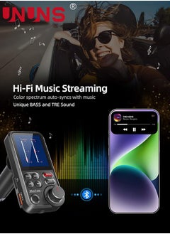 UNUNS FM Bluetooth Transmitter for Car, Bluetooth 5.0 Car Adapter with 1.8" Color Screen for Hands Free Calls, QC3.0 Charging, Strong Microphone, Treble and Bass Sound Music Player, Support U Disk TF Card  - Image 4