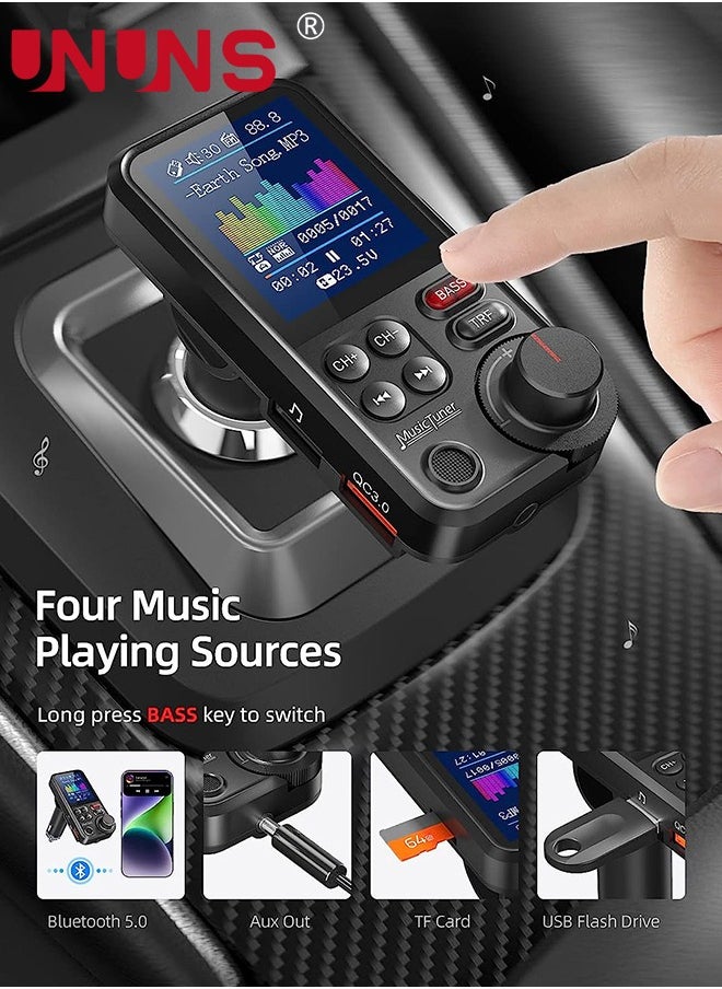 UNUNS FM Bluetooth Transmitter for Car, Bluetooth 5.0 Car Adapter with 1.8" Color Screen for Hands Free Calls, QC3.0 Charging, Strong Microphone, Treble and Bass Sound Music Player, Support U Disk TF Card  - Image 5