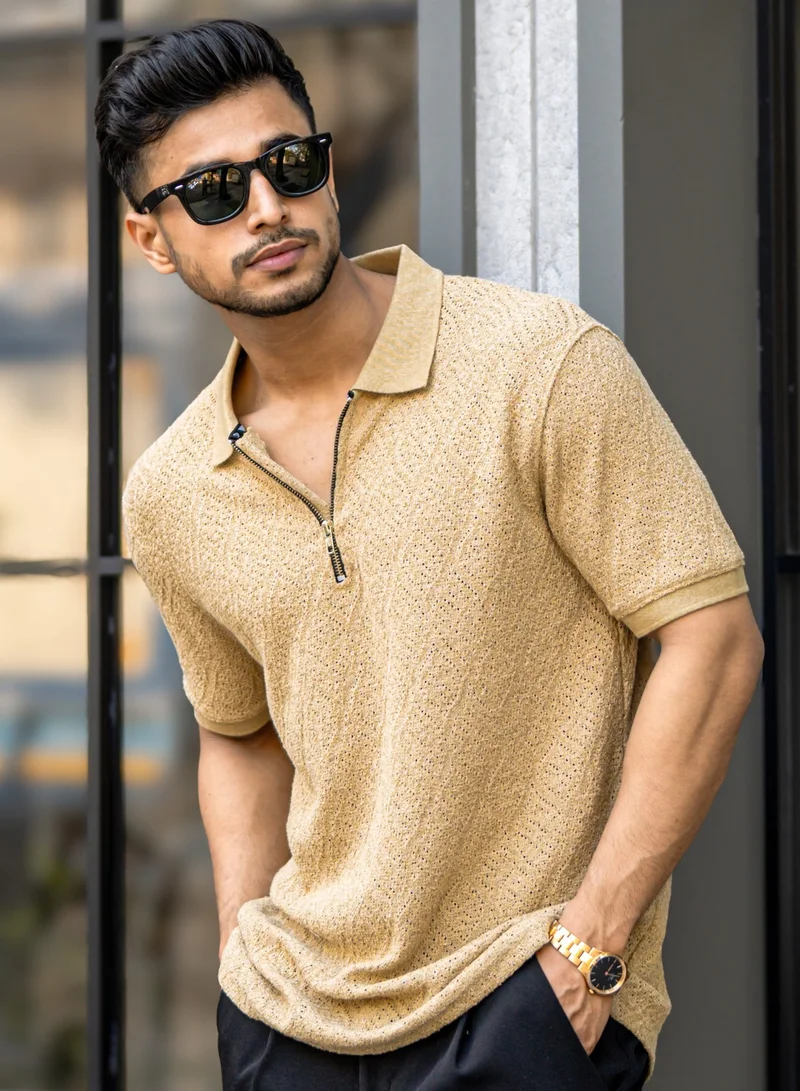 Maniac Maniac Mens Textured Polo Neck Half Zipper 3/4th Sleeve Beige Cotton T-Shirt