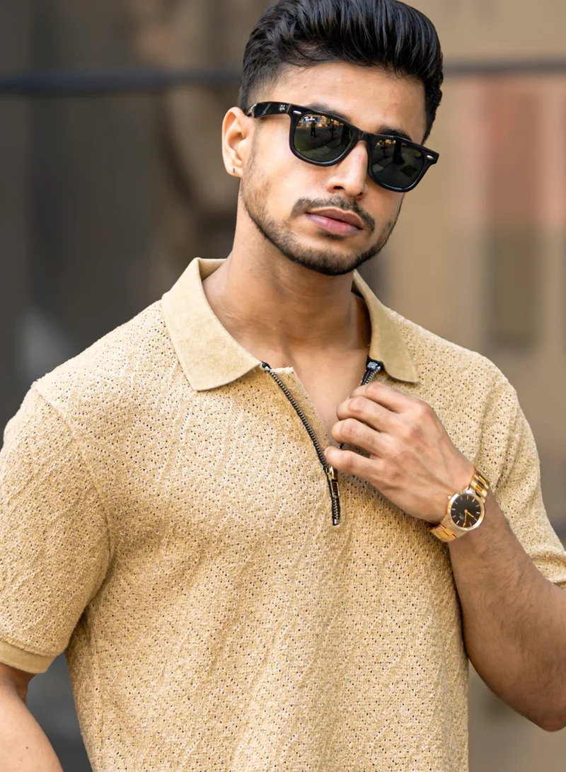 Maniac Maniac Mens Textured Polo Neck Half Zipper 3/4th Sleeve Beige Cotton T-Shirt