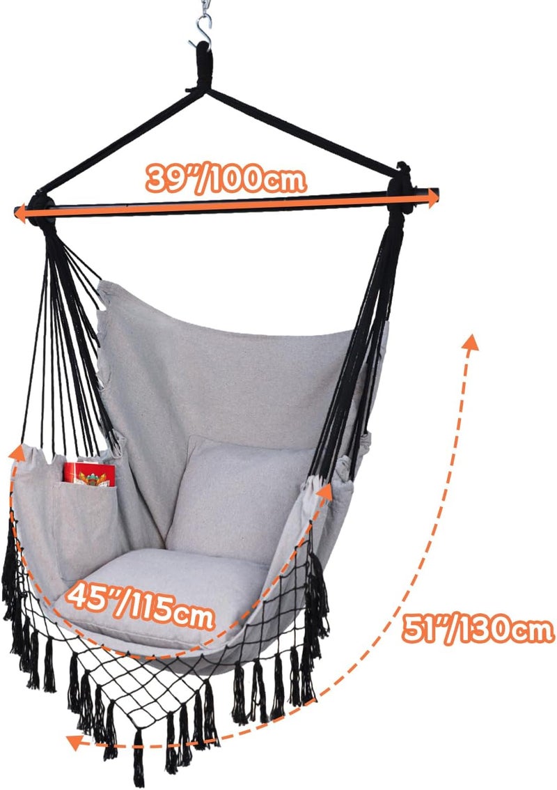 PIRNY Hammock Chair Hanging Rope Swing Chair,Max 500 Lbs, Large Hanging Chair with Pocket, 2 Cushions, Removable Steel Bar, Hardware Kit Included, Superior Comfort for Indoor Outdoor (Light Grey) - Image 4