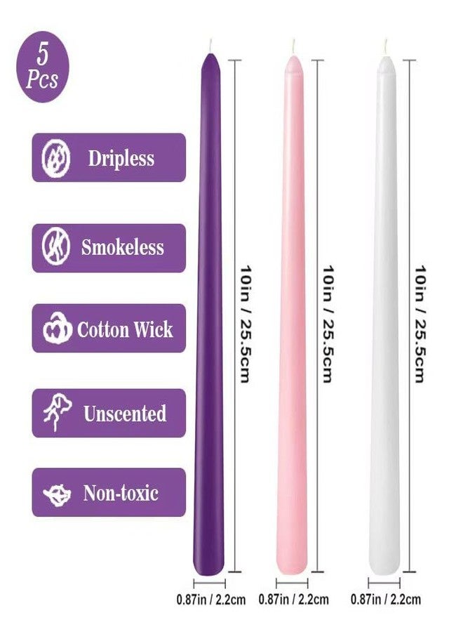 Sihuida 10 Inch Advent Taper Candles - 5 Pack Dripless Long Burning Unscented Candlesticks (3 Purple 1 Pink 1 White) | Ideal for Christmas Holiday Festivities Devotional Wreath Home Decor - Image 4