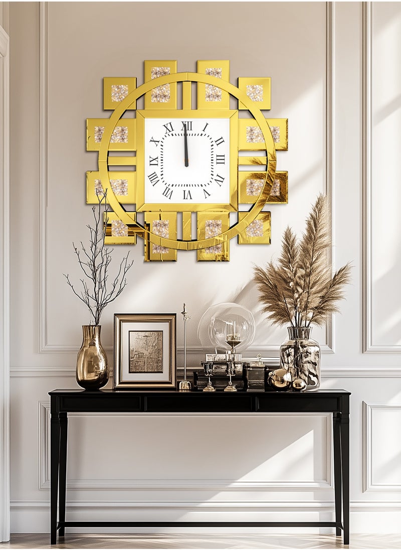 WISFOR - Glass Mirror Clock with Square Gold Mirror Frame Square Roman Numeral Clock Inlay Diamond with Mirror Frame for Living Room Wall Decor Clock - Image 1