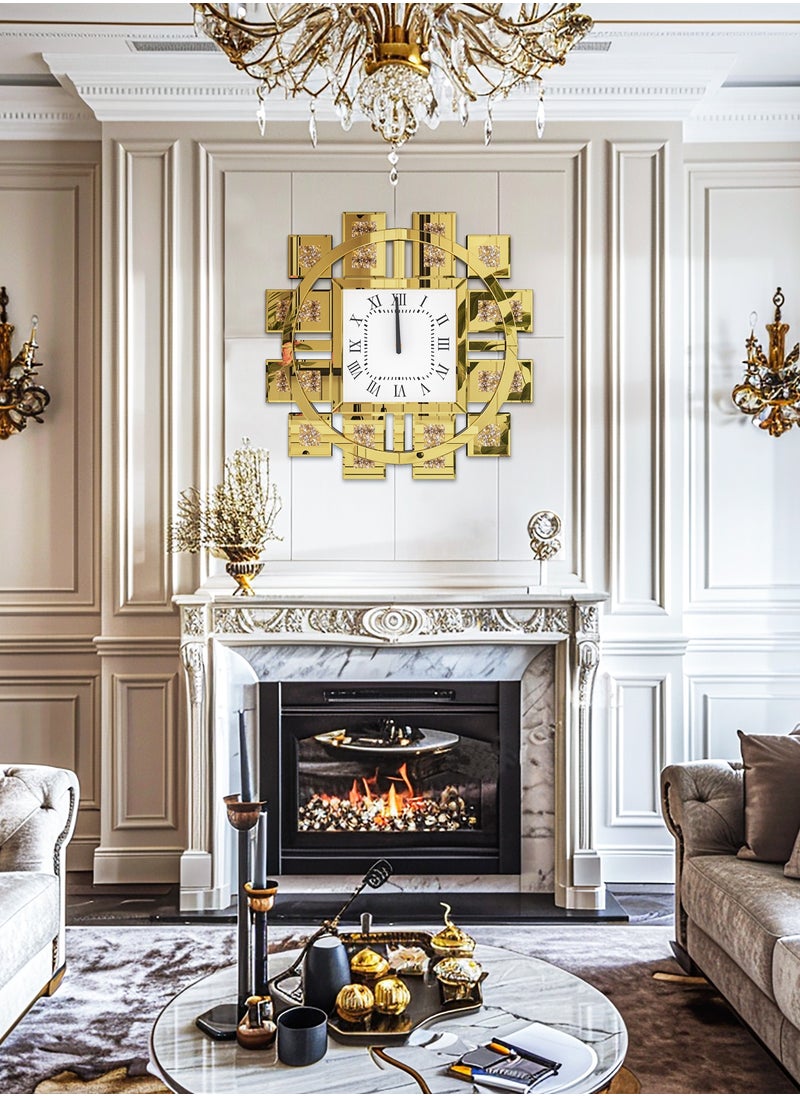 WISFOR - Glass Mirror Clock with Square Gold Mirror Frame Square Roman Numeral Clock Inlay Diamond with Mirror Frame for Living Room Wall Decor Clock - Image 1