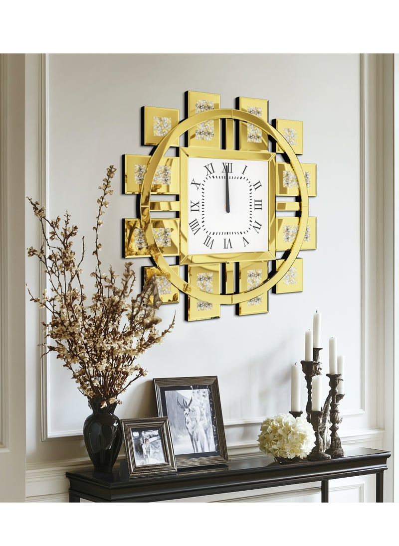 WISFOR - Glass Mirror Clock with Square Gold Mirror Frame Square Roman Numeral Clock Inlay Diamond with Mirror Frame for Living Room Wall Decor Clock - Image 1