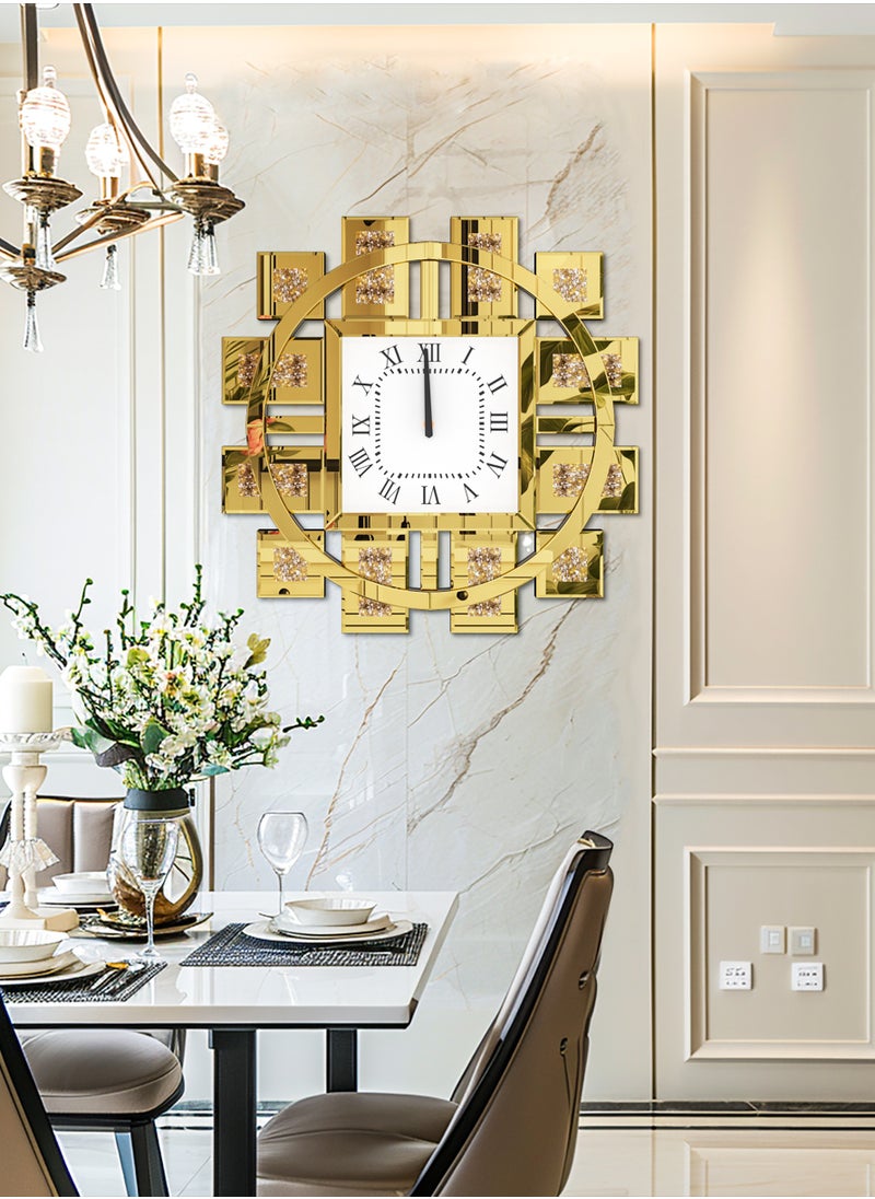 WISFOR - Glass Mirror Clock with Square Gold Mirror Frame Square Roman Numeral Clock Inlay Diamond with Mirror Frame for Living Room Wall Decor Clock - Image 1