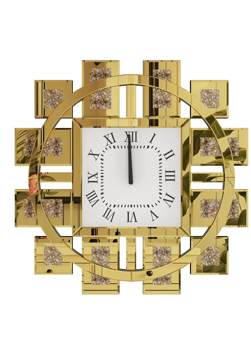 WISFOR - Glass Mirror Clock with Square Gold Mirror Frame Square Roman Numeral Clock Inlay Diamond with Mirror Frame for Living Room Wall Decor Clock - Image 1