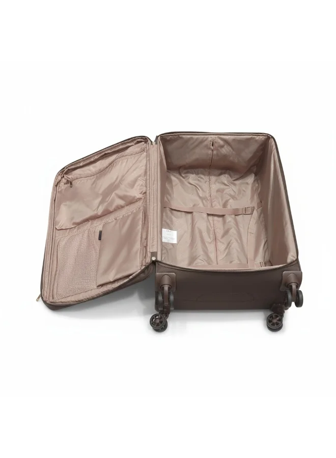 DKNY  Street Cred Large Softside Suitcase – 28 Inch Trolley Luggage with 4-Wheel Spinner, Lightweight Fabric, TSA Lock – CBR/Chocolate/Brown for Women | Best Price UAE