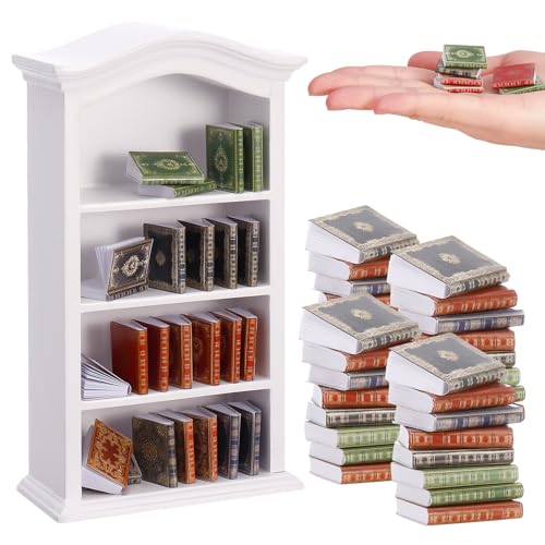 Guiqulai 36 Pcs 112 Scale Miniatures Dollhouse Books and 1 White Wooden Bookcase4 Floors Furniture Display Bookshelf Cabinet Mini Assorted BooksDollhouse Decoration Accessories for Home Bedroom - Image 1
