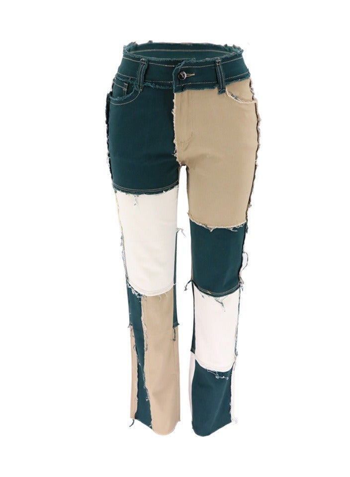Loquat Trendy Variegated Panels, High-waisted Women's Straight-leg Denim Trousers - Image 1
