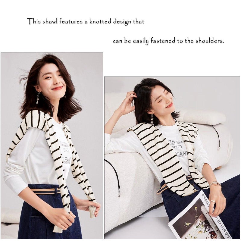 huablo Women's Fashion Sweater Knitted Knotted Shawl Sweater Shawl Wraps for Women Travel Casual Scarf Cape Shoulder Wrap White Stripe - Image 3