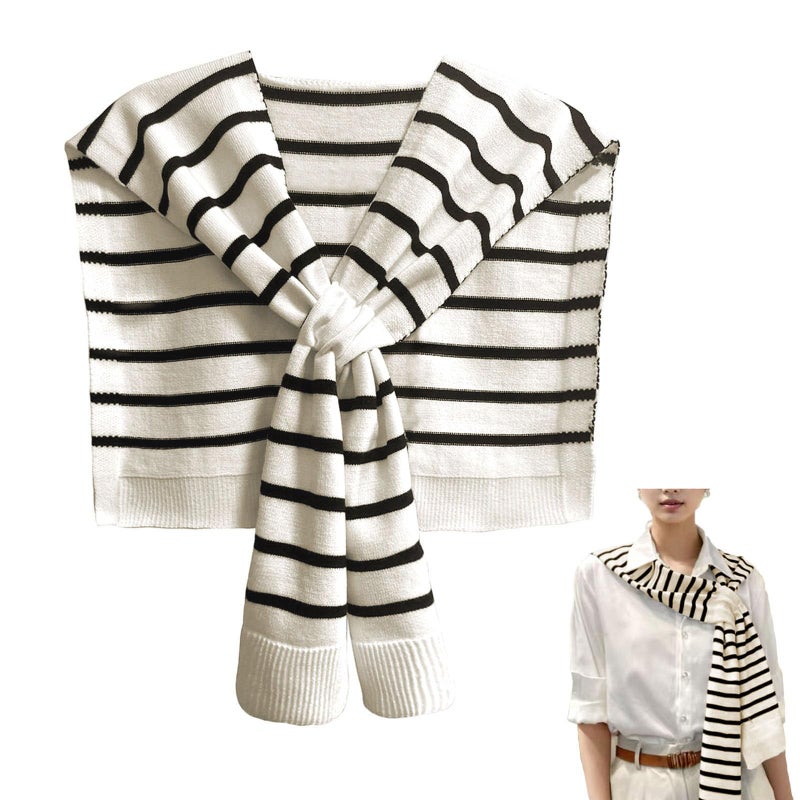 huablo Women's Fashion Sweater Knitted Knotted Shawl Sweater Shawl Wraps for Women Travel Casual Scarf Cape Shoulder Wrap White Stripe - Image 1