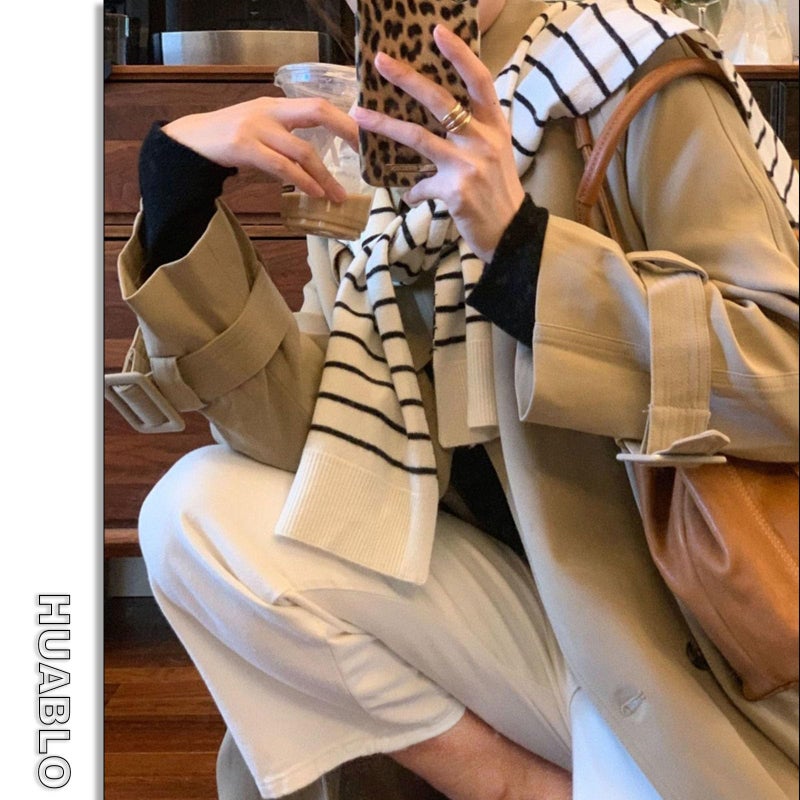 huablo Women's Fashion Sweater Knitted Knotted Shawl Sweater Shawl Wraps for Women Travel Casual Scarf Cape Shoulder Wrap White Stripe - Image 4