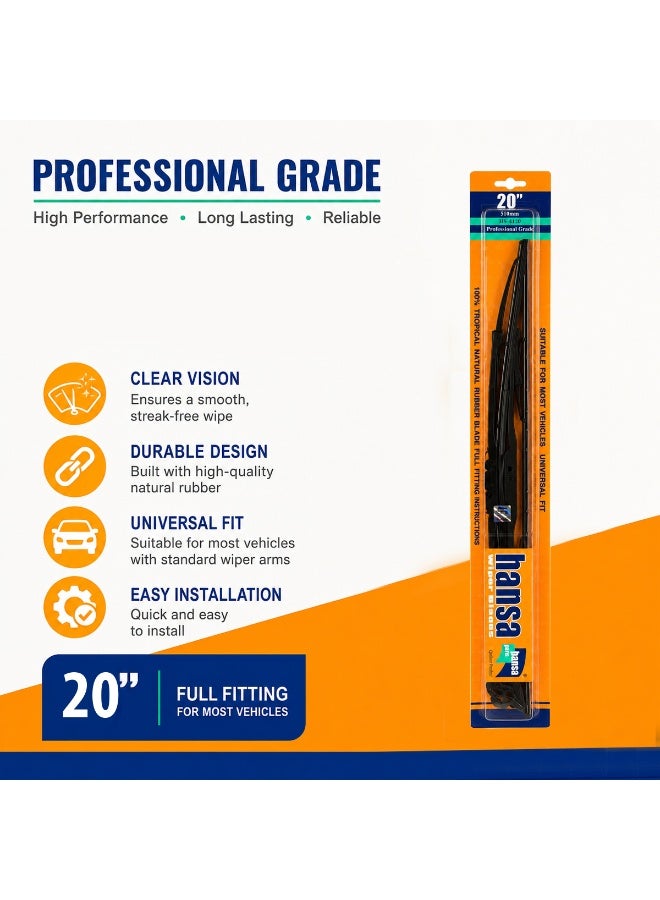 HANSA 20 Inch (510mm) Universal Car Windshield Wiper Blade Set, Premium Natural Rubber Wiper Blades, Metal Frame Windshield Wipers, All Season Rain Wiper, Streak Free Cleaning, Quiet Operation, Easy Installation, Front Glass Wiper Blades for Cars ERPCWP 10046 - Image 3
