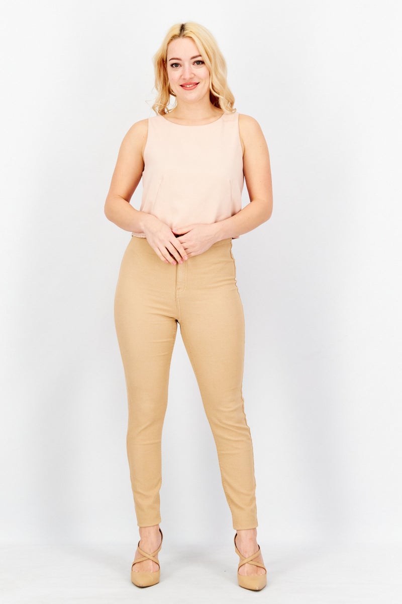 Sinsay Women Skinny Fit Plain Pants, Tan - Image 4