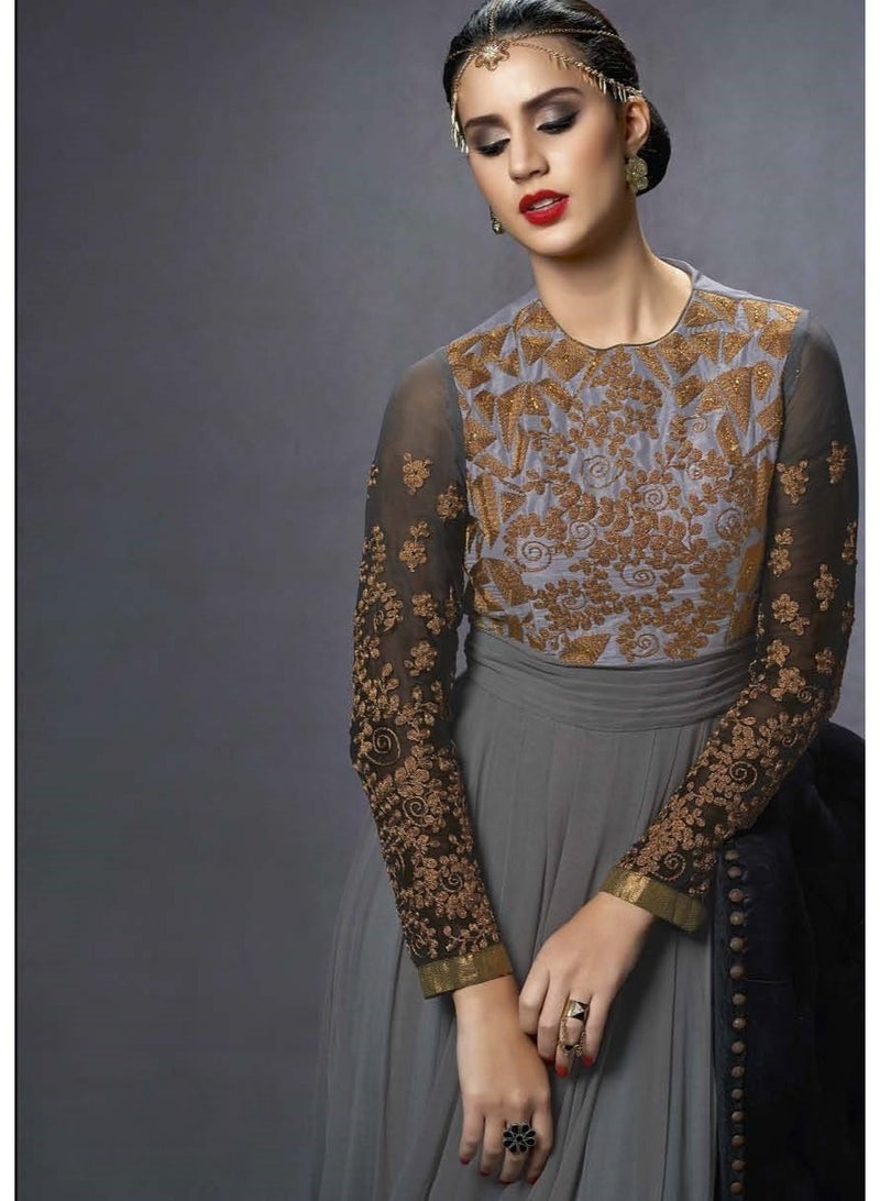 Mystic Women's Semi Stitchrf Grey Ombre Embroidered Anarkali Gown with Gold Zari Work and Sheer Sleeves - Image 1