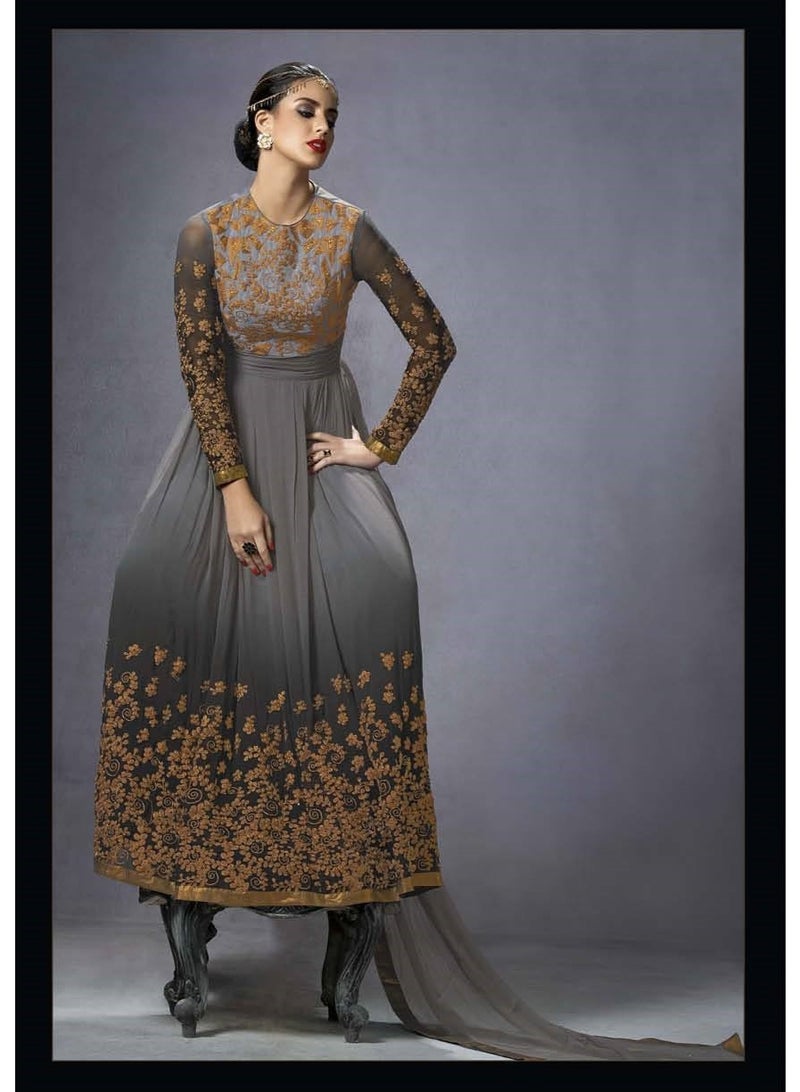 Mystic Women's Semi Stitchrf Grey Ombre Embroidered Anarkali Gown with Gold Zari Work and Sheer Sleeves - Image 2