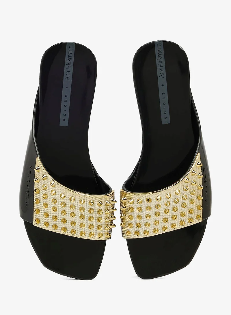 Voices Black-Black-Gold Avolto Punk 2K Women'S Low Sandal With Metallic Stud Design - Black/Gold for Women | Best Price UAE