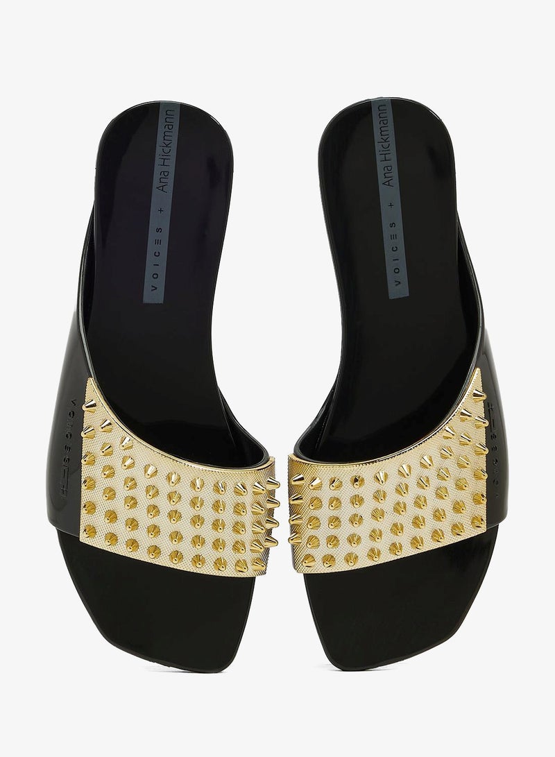 Voices Avolto Punk 2K Women'S Low Sandal With Metallic Stud Design - Black/Gold - Image 4