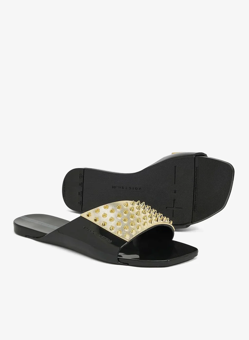 Voices Black-Black-Gold Avolto Punk 2K Women'S Low Sandal With Metallic Stud Design - Black/Gold for Women | Best Price UAE
