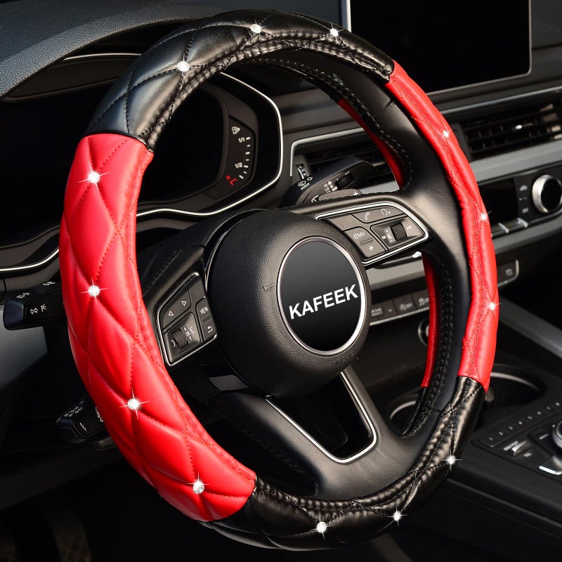 KAFEEK Diamond Soft Leather Steering Wheel Cover with Bling Bling Crystal Rhinestones Universal 15 inch Black Red
