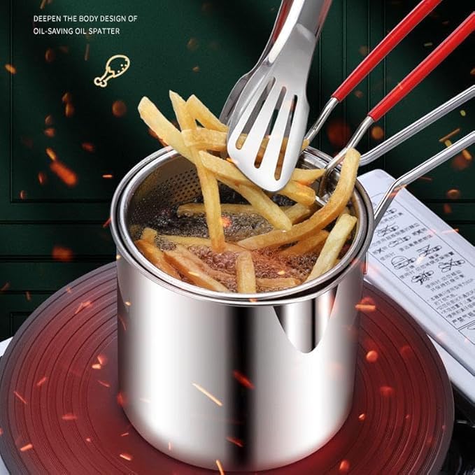 VDNSI Stainless Steel Deep Frying Pot with Strainer Basket Mini Mesh Fry Pot 1200ml Pan Pot with Handle French Fries Basket Ideal for Frying Chicken Wings, Shrimp, Fish, Boiling Butter (1pcs) - Image 4