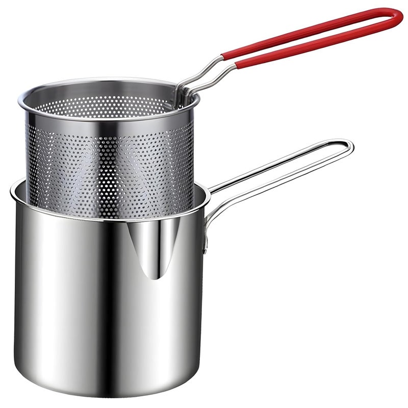 VDNSI Stainless Steel Deep Frying Pot with Strainer Basket Mini Mesh Fry Pot 1200ml Pan Pot with Handle French Fries Basket Ideal for Frying Chicken Wings, Shrimp, Fish, Boiling Butter (1pcs) - Image 1