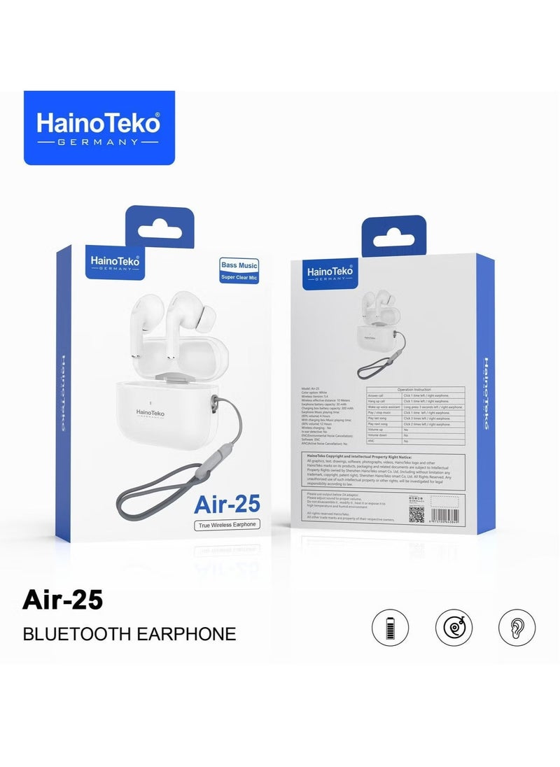 Haino Teko Air 25 True Wireless Bluetooth Earphones – Bass Rich Sound, Super Clear Microphone, Comfortable Fit, Noise Isolation, Long Battery Life – Perfect for Music, Calls, Gaming, and Sports – Compatible with iPhone, Android, PC, and Tablets - Image 1