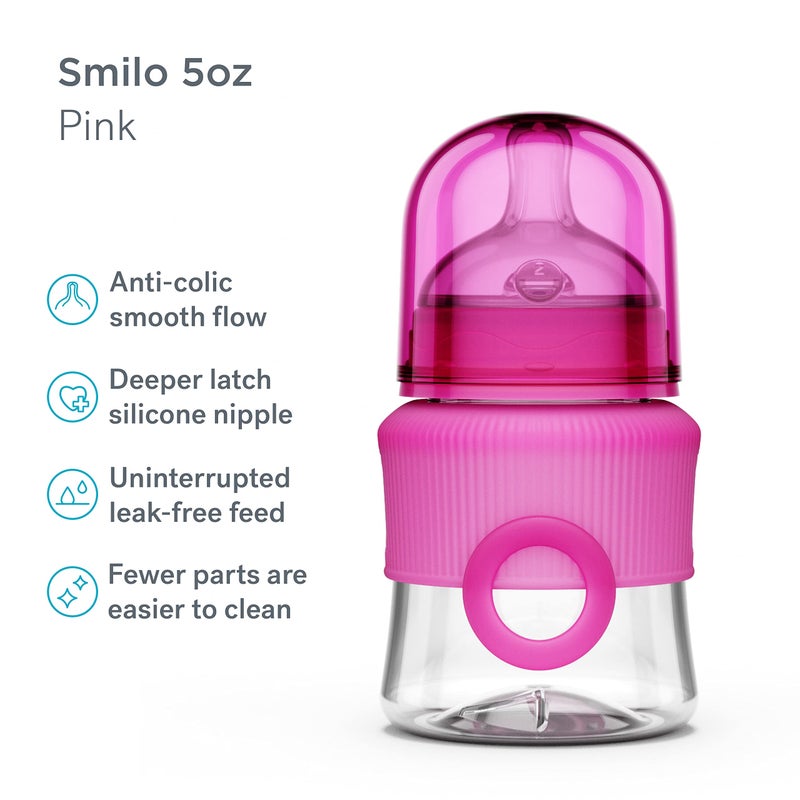 Smilo Baby Bottle Set with Stage 0 Slow Flow Anti Colic Nipple, 5 Oz / 150 ml Capacity, 3X Pack of Anti Colic Baby Bottles 0-3 Months - Pink - Image 2
