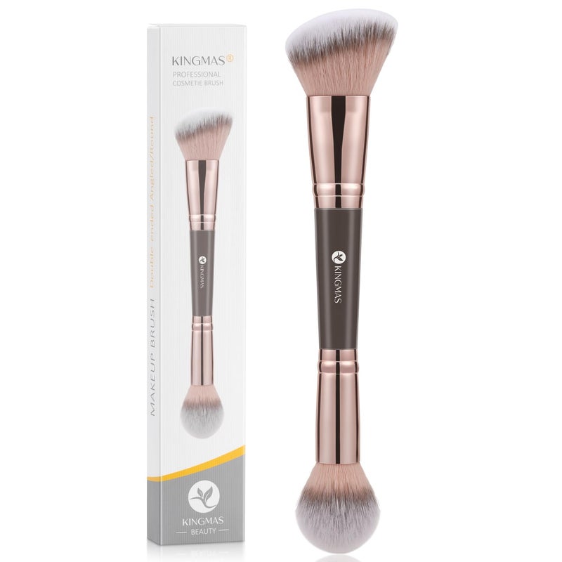KINGMAS Foundation Makeup Brush, Double Ended Bronzer Brush Angled & Round Contour Brushes for Beauty Blending Liquid Powder, Concealer Cream Cosmetics Blush (Brown) - Image 1